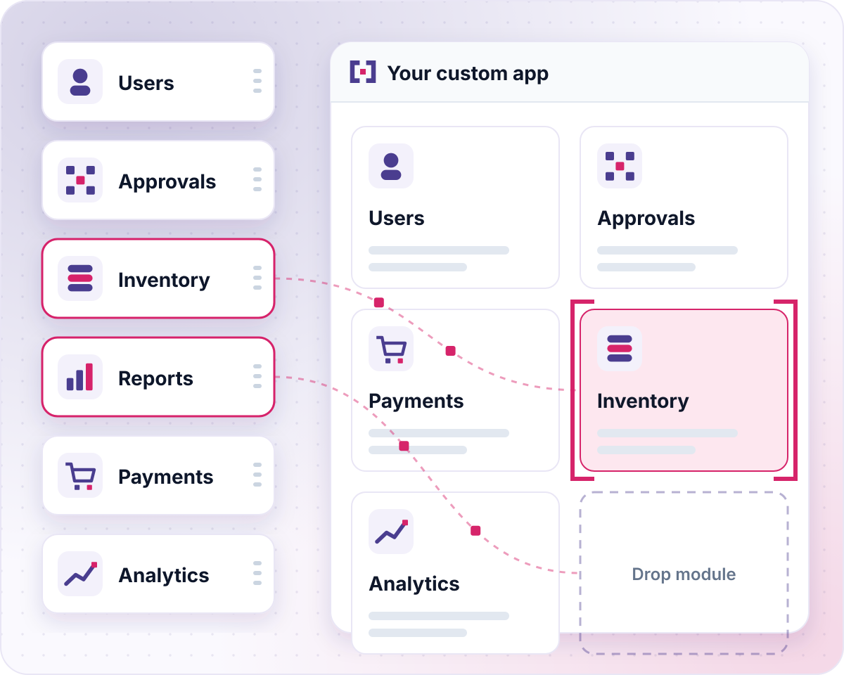 Custom application development: modules such as users, approvals, inventory, reports, payments and analytics being dragged into a bespoke business application